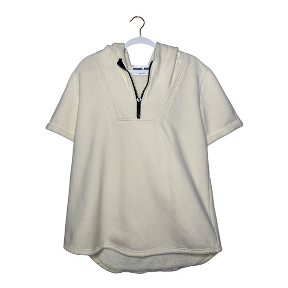 Homme + Femme Short Sleeve Hooded Sweatshirt Size Medium Cream Quarter Zip - Picture 1 of 9